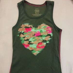 Olive Green Camo Heart Shaped Baby Tank Top with Roses
